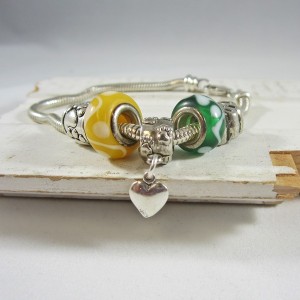 One-of-a-Kind Heart Paw Print Green Yellow Bead Bracelet