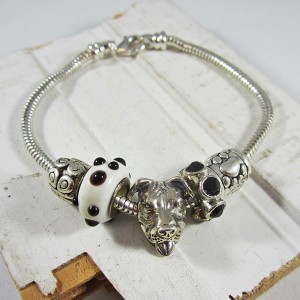 One-of-a-Kind Smiling Pit Bull Silver Black White Bead Bracelet