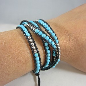 Turquoise and Silver Black Leather Wrap Bracelet