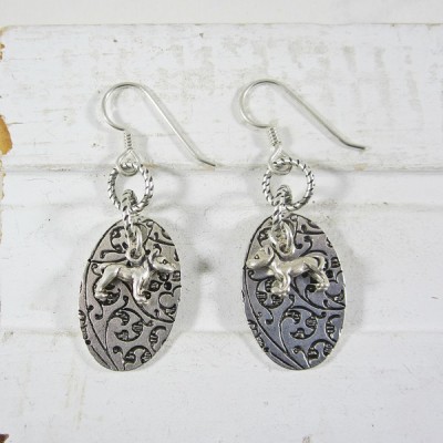Pit Bull Antique Silver Etched Dangle Earrings