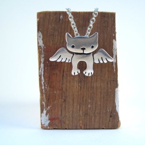 Angel Cat Large Sterling Silver Necklace