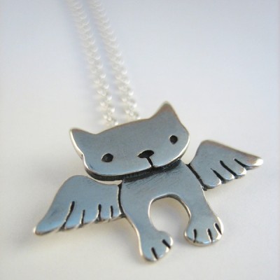 Angel Cat Large Sterling Silver Necklace