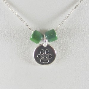 One-of-a-Kind Small Paw Print Circle Pendant with Green Beads Necklace