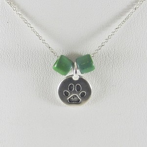 One-of-a-Kind Small Paw Print Circle Pendant with Green Beads Necklace