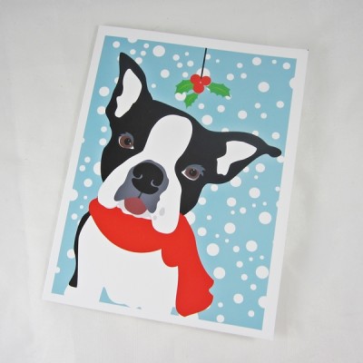 Boston Terrier Misteltoe Christmas Card