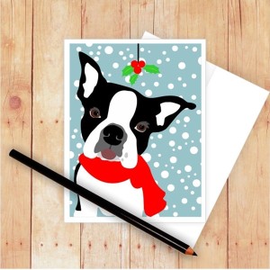 Boston Terrier Misteltoe Christmas Card
