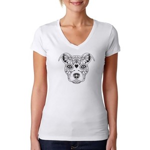 AS IS Pit Bull Sugar Skull White Ladies V-Neck T-Shirt - Size Small